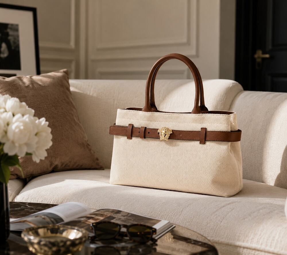Versace Cream Canvas Tote Brown Leather Gold Medusa